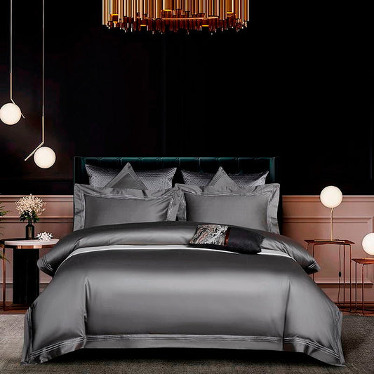 Soft Grey Egyptian Cotton Bedding Set With Lace Trim - Lusomart