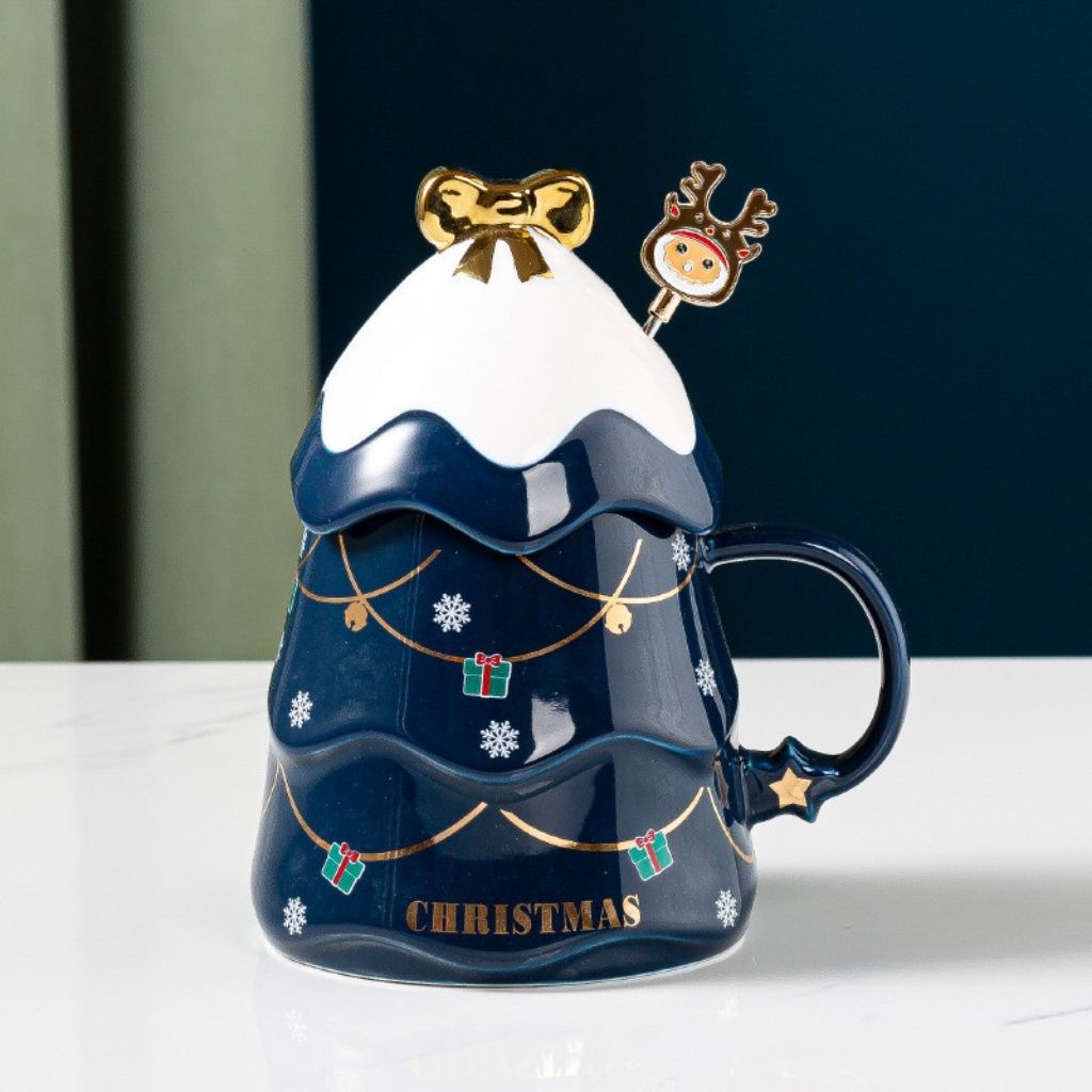 Festive holiday mug with rounded shape and seasonal cap lid design