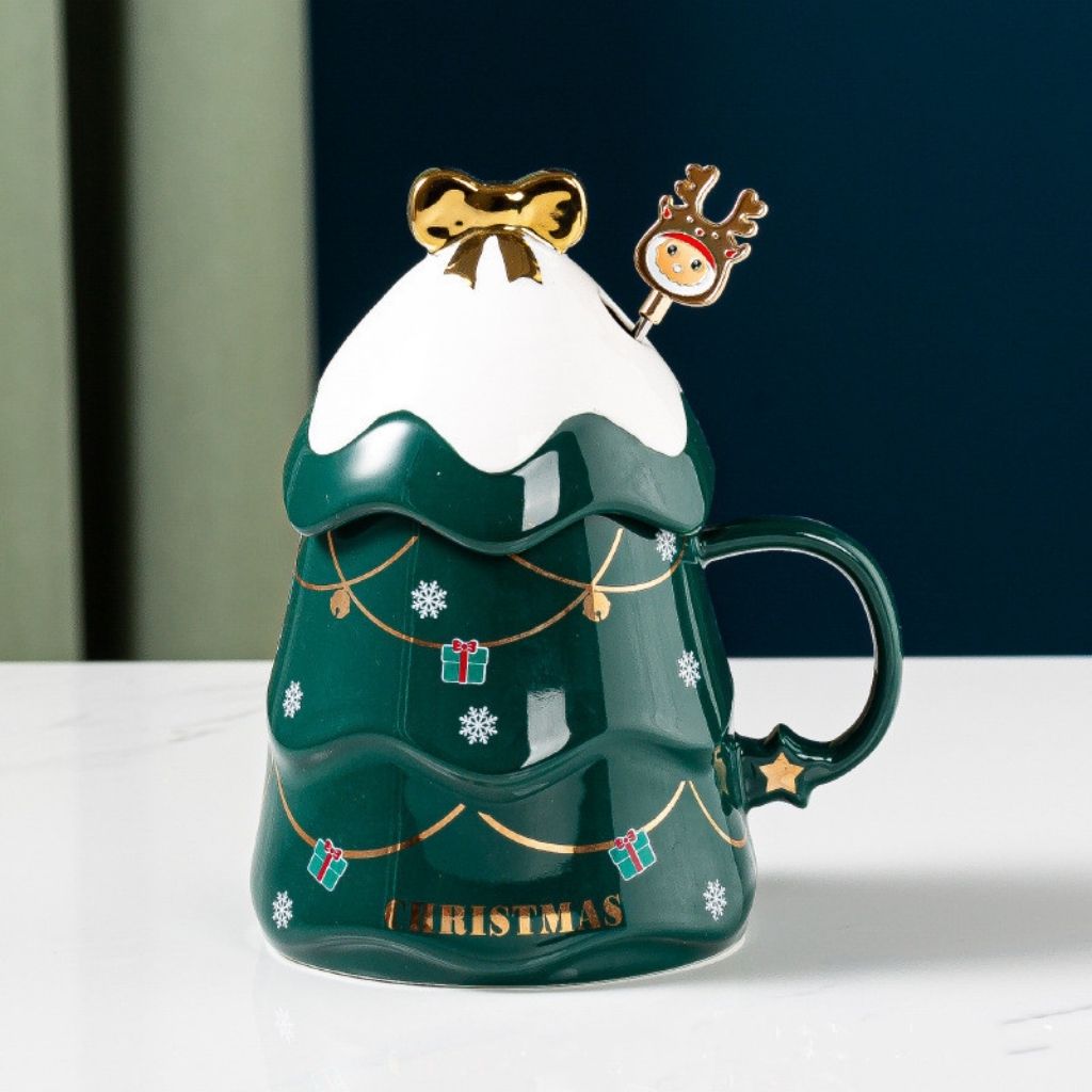 Ceramic coffee mug featuring Christmas prints and pink glaze finish