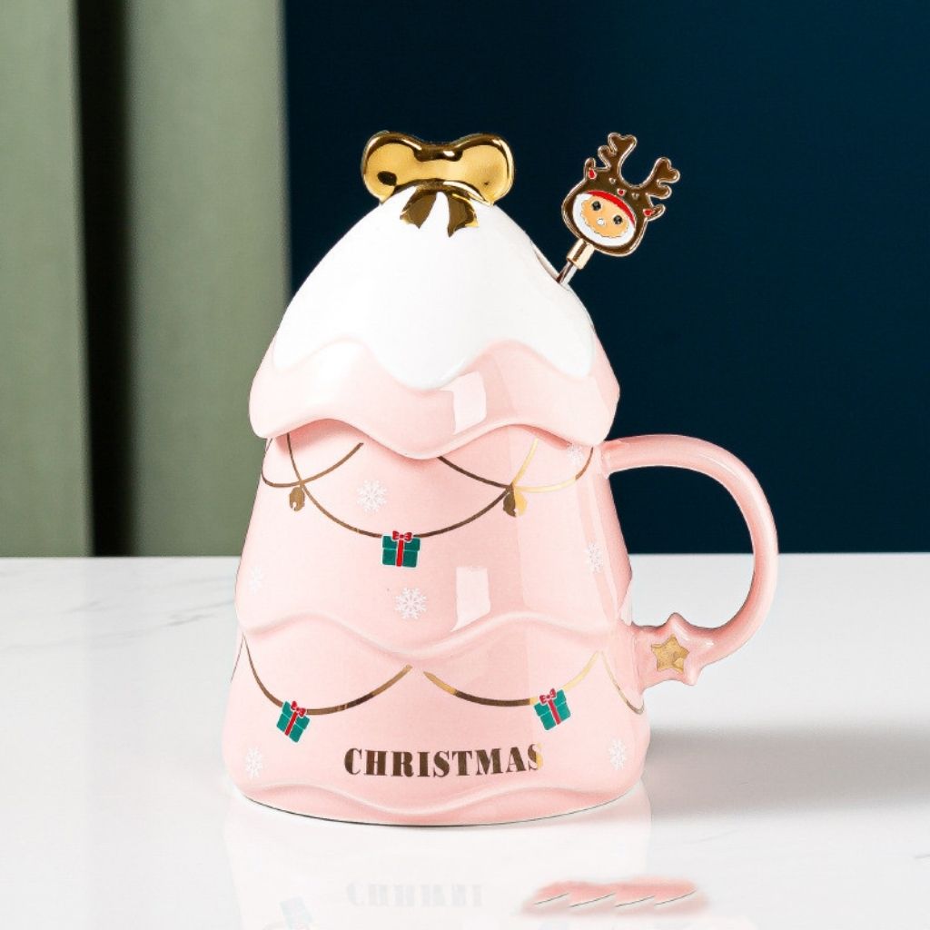 Holiday drinkware set with lid spoon and festive winter decorations