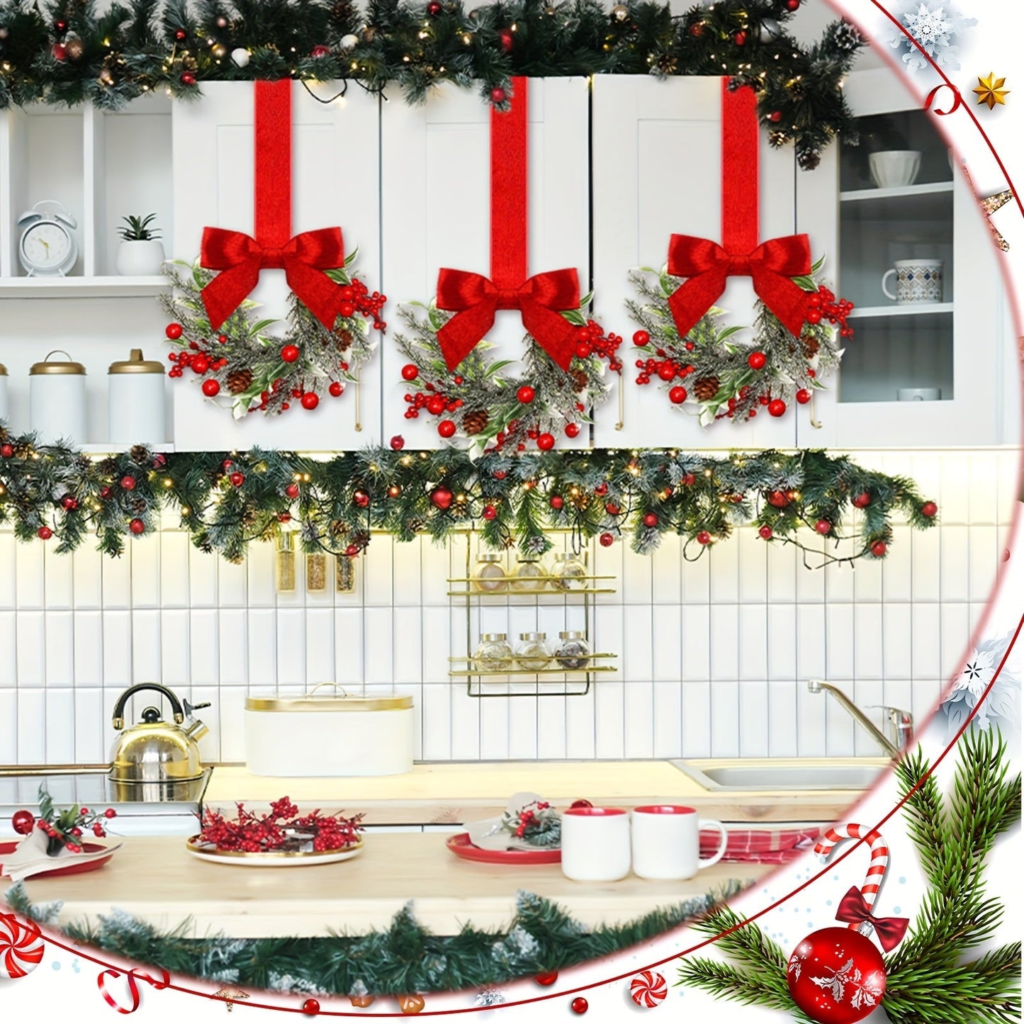 Traditional Christmas Wreath with Red Ribbon and Pinecones - Lusomart
