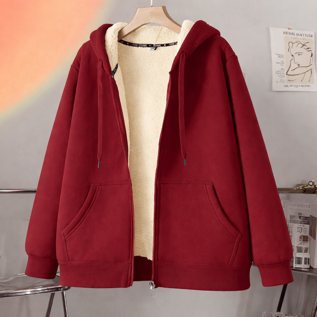 Warm Fleece Lined Zipper Hooded Sweatshirt Jacket