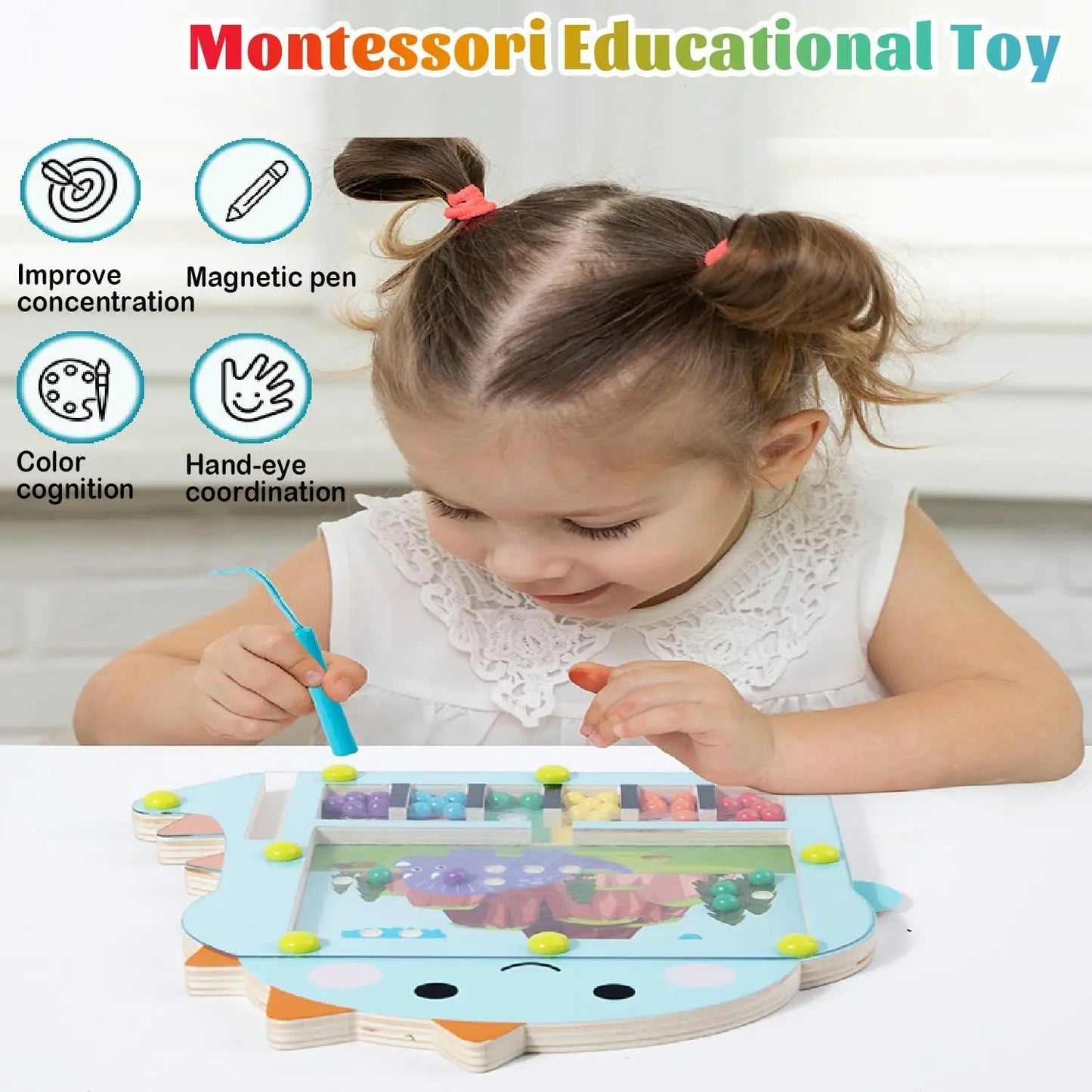 Wooden Magnetic Ball Puzzle for Kids – Creative Maze Challenge with Colorful Beads and Clear Cover 2