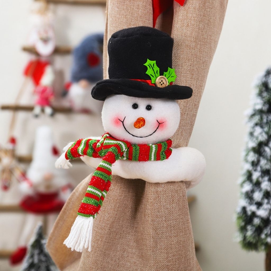 Holiday curtain hugger wrapped around red curtain with cheerful character design