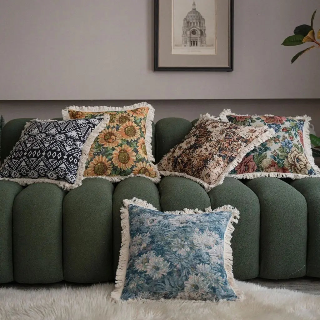 Jacquard geometric pillow with tassel trim in modern black white design for accent decor