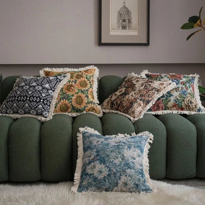 Jacquard geometric pillow with tassel trim in modern black white design for accent decor