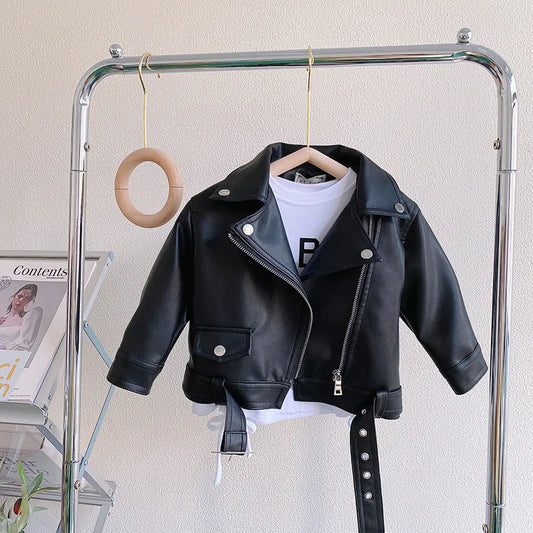 Children's Faux Leather Biker Jacket Warm Coat - Lusomart