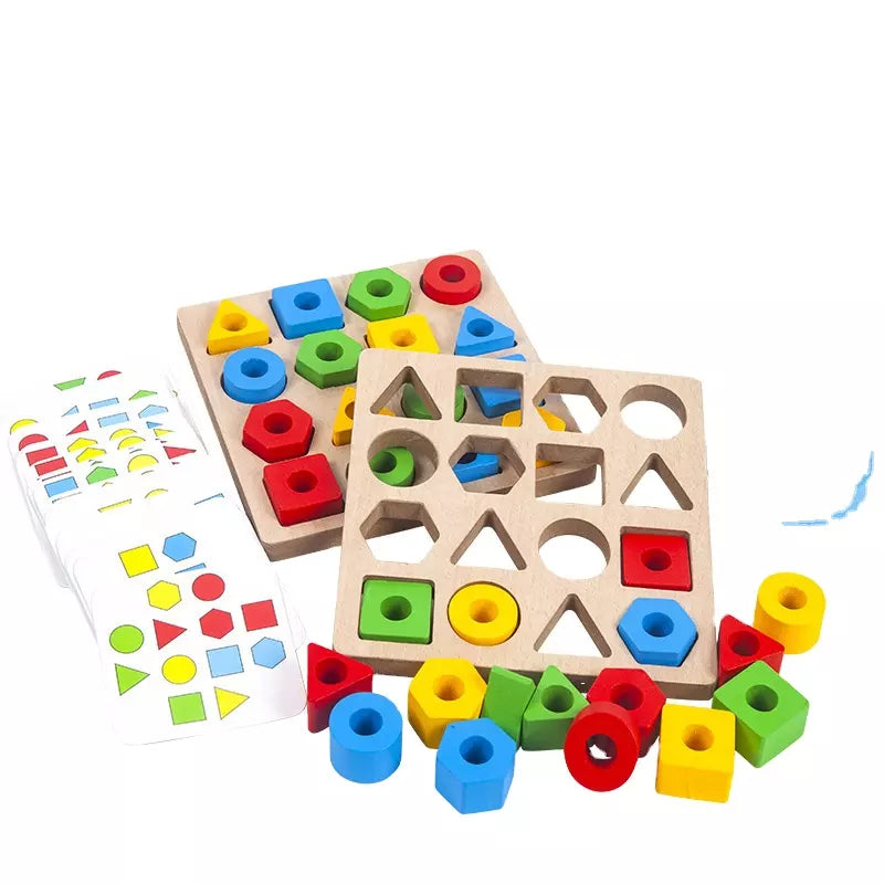 Children's Wooden Shape Game 16 Blocks 30 Cards Develop Hand-Eye Coordination 3