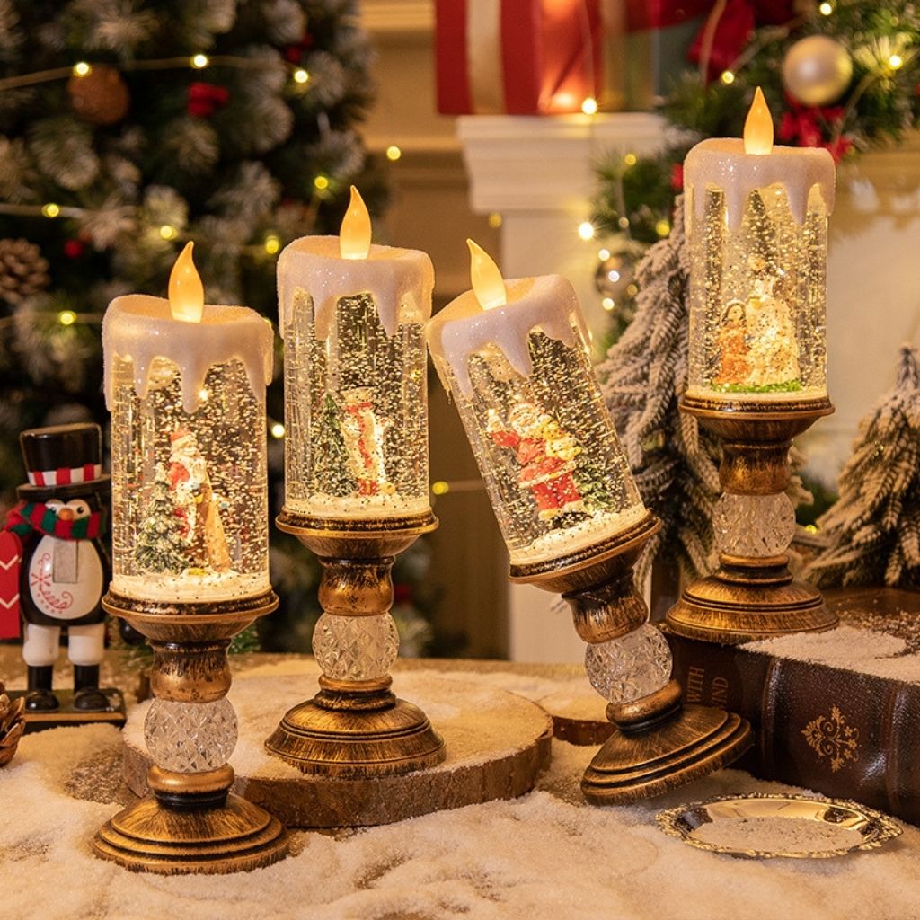 Glitter snow globe candle lantern with stable base for seasonal home decor