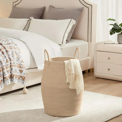 Durable fabric laundry basket with portable handles for multi room household storage