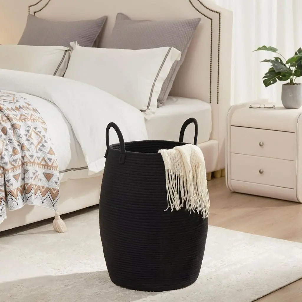 Upright woven clothes hamper for bedroom organization with heavy duty minimalist design
