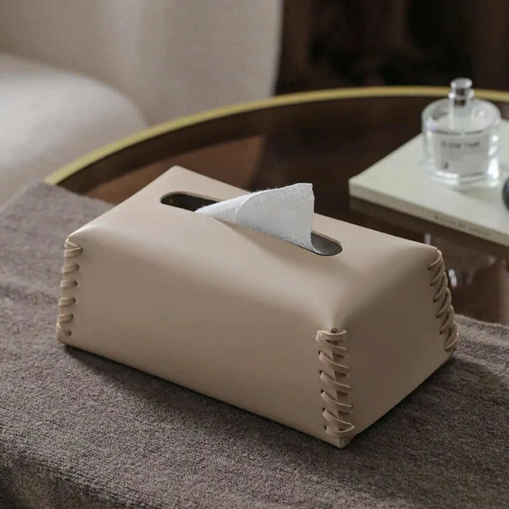 Premium leather tissue box cover showcasing quality construction for lasting desk accessory appeal