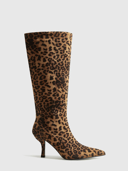 Leopard Print Knee High Boots for Women with Pointed Toe and Mid-Heel – Stylish and Comfortable 4