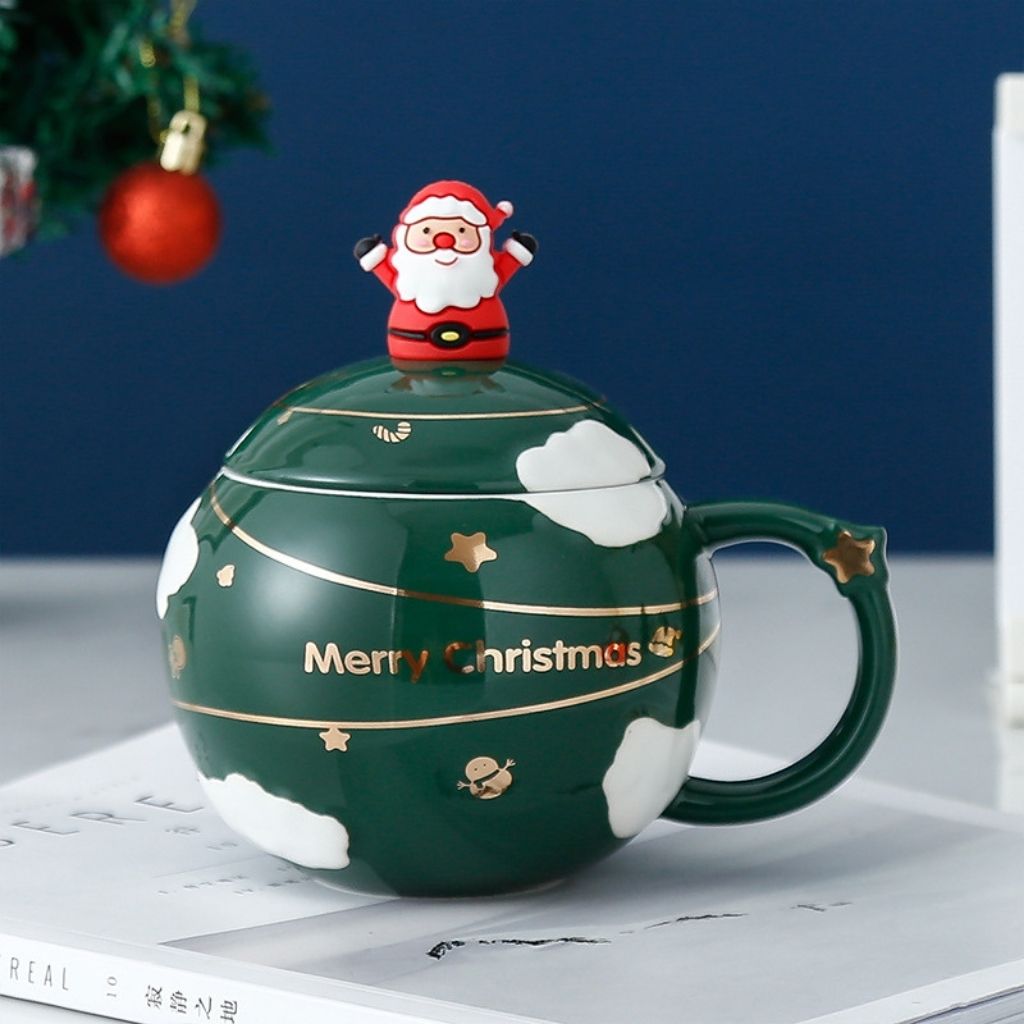 Side view of ceramic mug with night sky pattern and irregular rounded shape