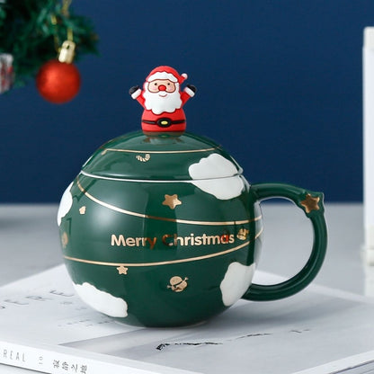 Side view of ceramic mug with night sky pattern and irregular rounded shape