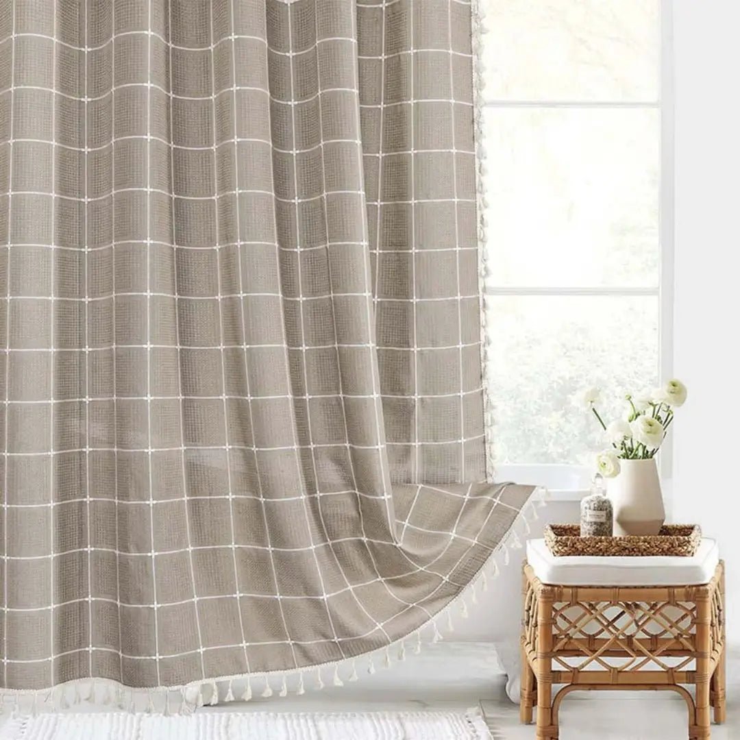 Natural Fiber Linen Shower Curtain with Decorative Trim - Lusomart