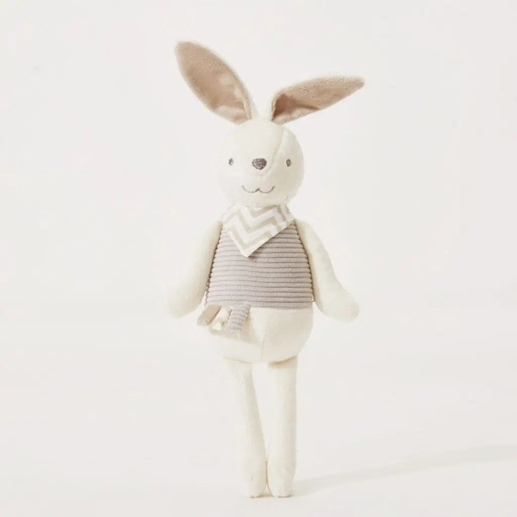 Soft plush bunny toy with floppy ears and decorative scarf, perfect baby stuffed animal for infants 0-3 years