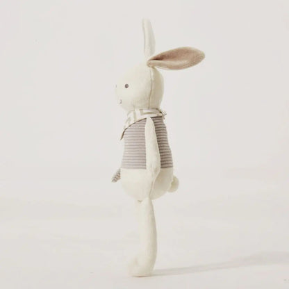 Cuddly bunny plush showing textured fabric design, safe washable toddler comfort toy with stitched features