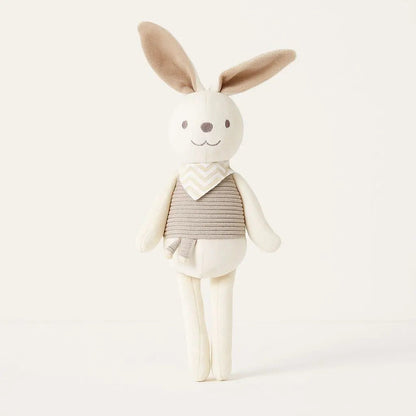 Detail view of plush bunny toy fabric texture and stitched face, safe infant comfort companion 26cm tall