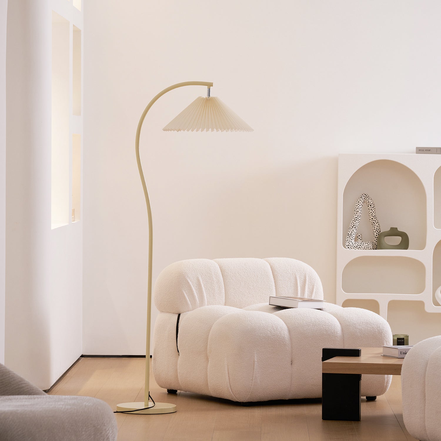 Luminara | Elegant Pleated Beige Floor Lamp with Wood Accents 5