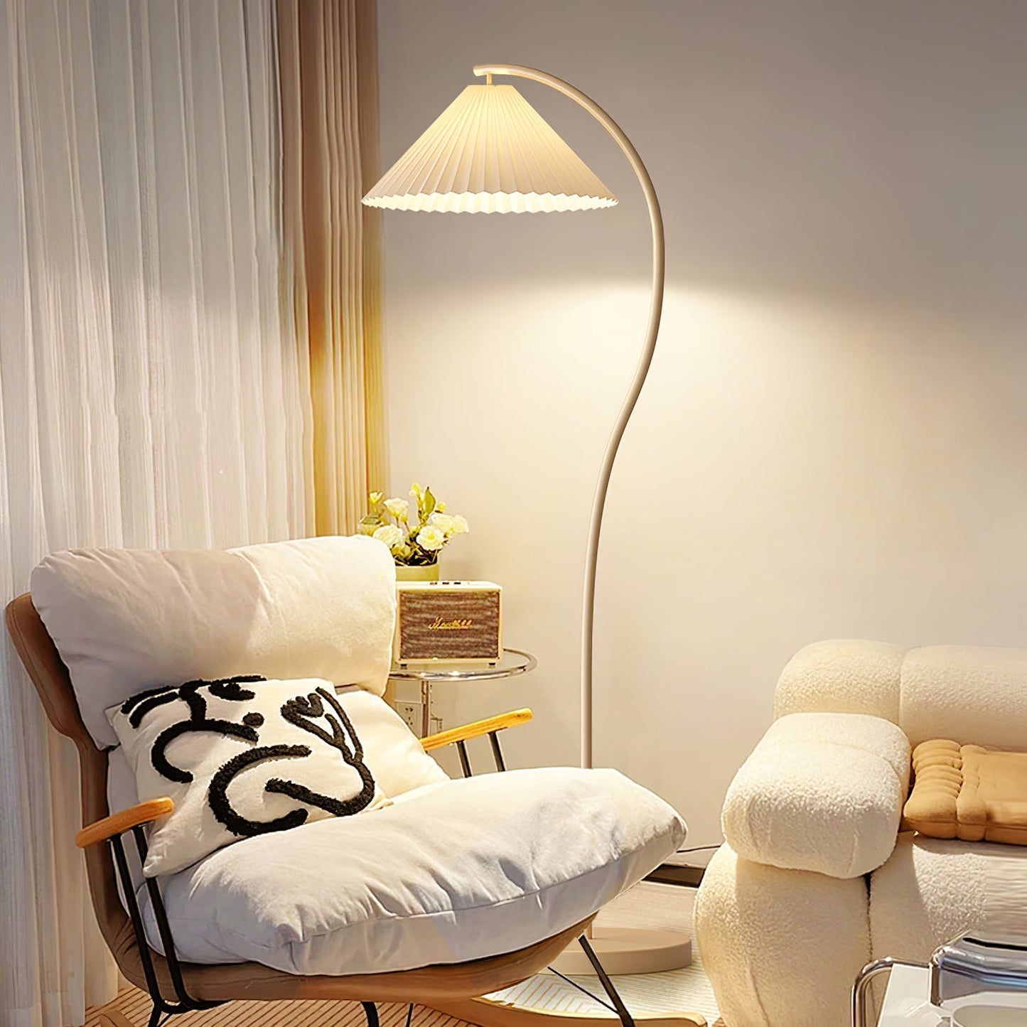 Luminara | Elegant Pleated Beige Floor Lamp with Wood Accents 7