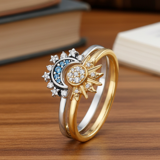 Glittering Crystal Moon Sun Ring Silver Tone - Lusomart
