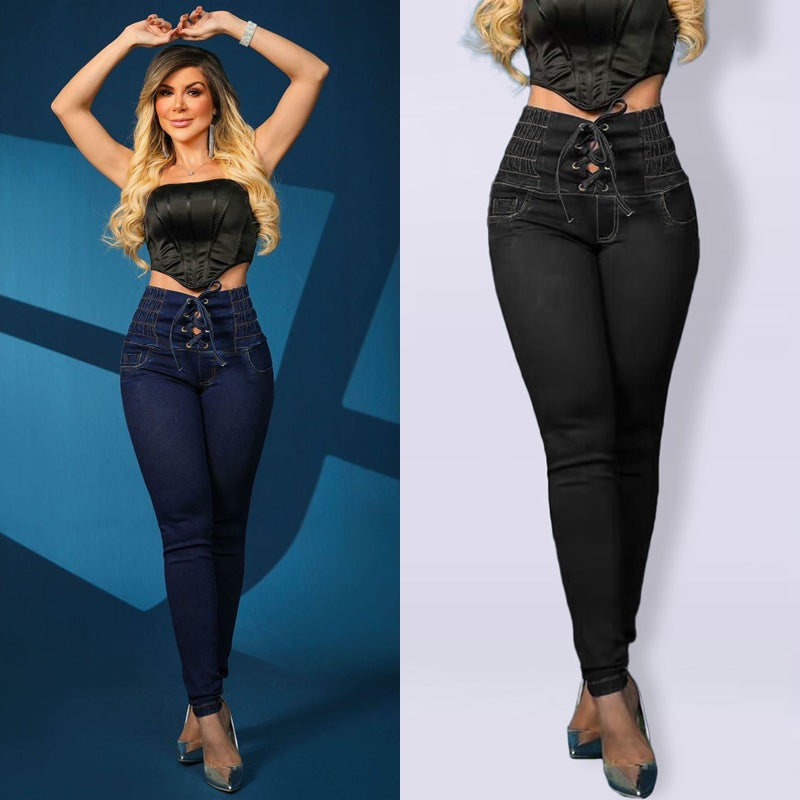 LuxeFit | Stylish High-Waisted Black Jeggings for Women with Lace-Up Detail 2