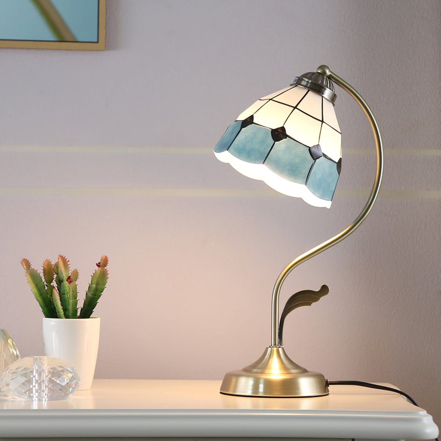 LuxePetal – White and Blue Glass Floral Table Lamp in Gold 2