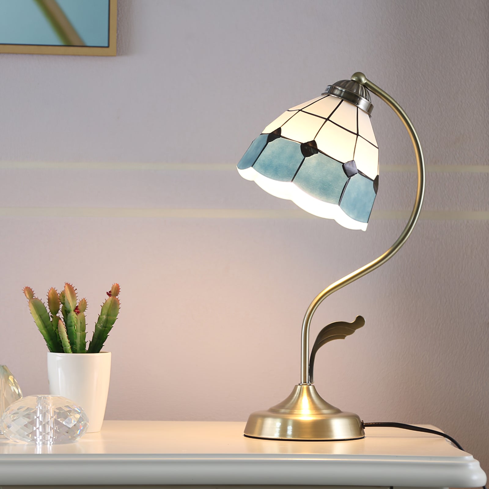 LuxePetal – White and Blue Glass Floral Table Lamp in Gold 2