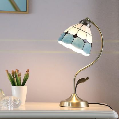 LuxePetal – White and Blue Glass Floral Table Lamp in Gold 2