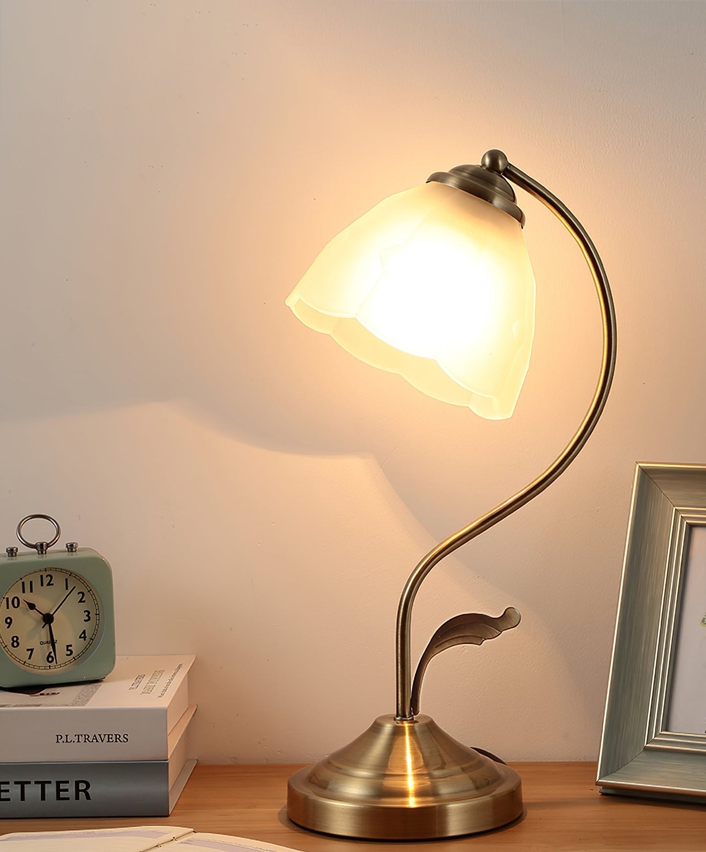 LuxePetal – White and Blue Glass Floral Table Lamp in Gold 4