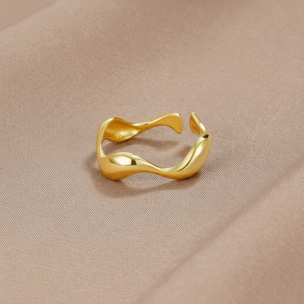 Simple Gold Ocean Wave Sterling Silver Ring