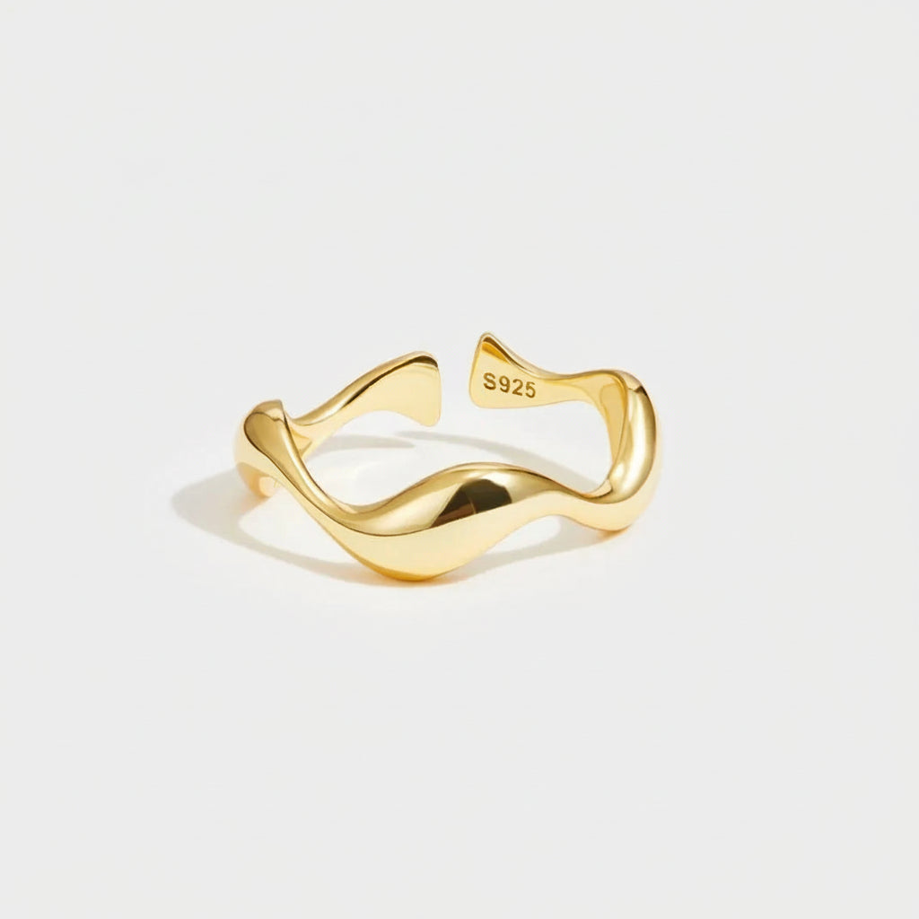 Simple Gold Ocean Wave Sterling Silver Ring