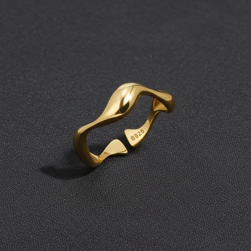 Simple Gold Ocean Wave Sterling Silver Ring - Lusomart