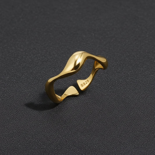 Simple Gold Ocean Wave Sterling Silver Ring - Lusomart