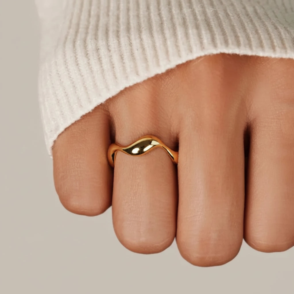 Simple Gold Ocean Wave Sterling Silver Ring