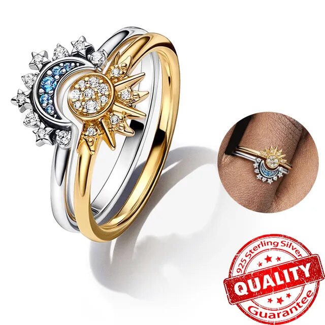 Glamorous Crystal Moon Sun Silver Cocktail Ring