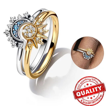 Glamorous Crystal Moon Sun Silver Cocktail Ring