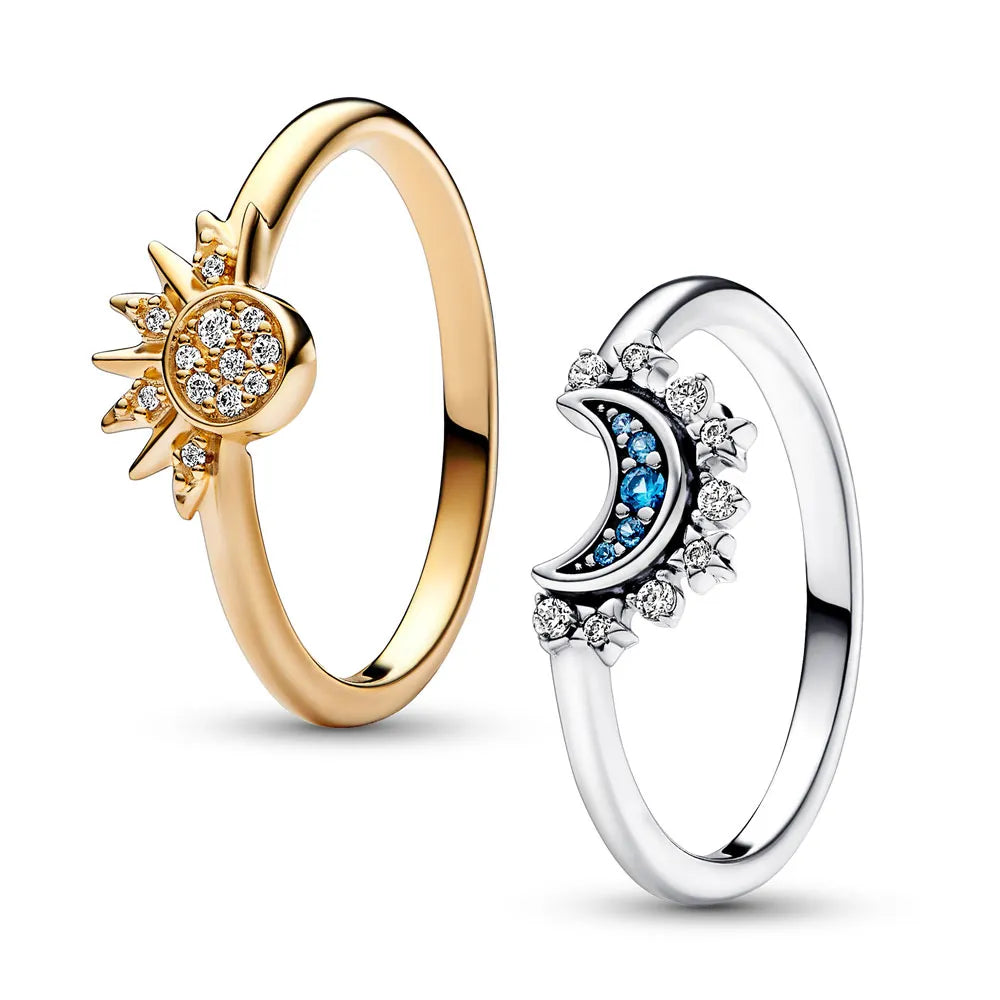 Glamorous Crystal Moon Sun Silver Cocktail Ring