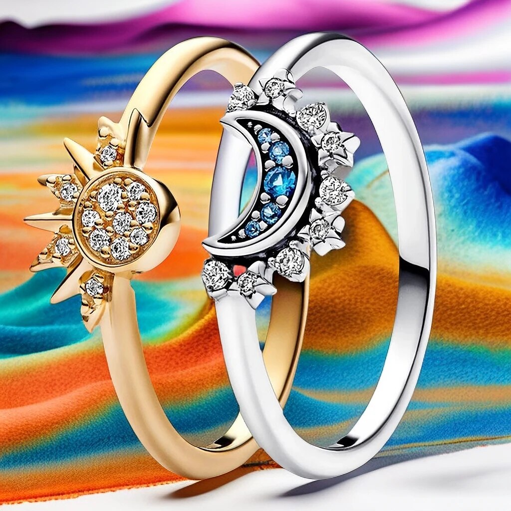Glamorous Crystal Moon Sun Silver Cocktail Ring