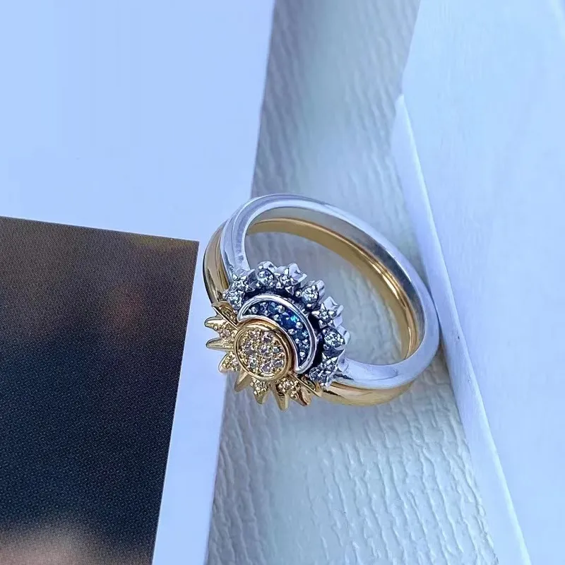 Glamorous Crystal Moon Sun Silver Cocktail Ring