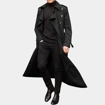 Men's Classic Long Trench Coat with Belt and Double-Breasted Closure 6