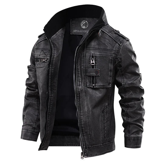 Men's Classic Biker Leather Jacket with Zip Pocket - Lusomart