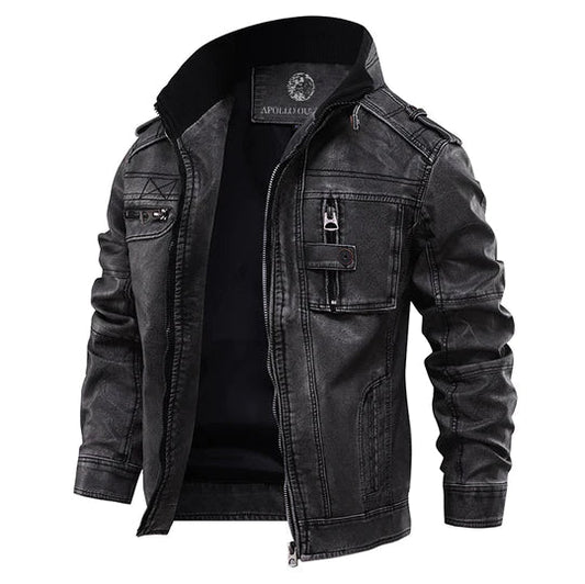 Men's Classic Biker Leather Jacket with Zip Pocket - Lusomart