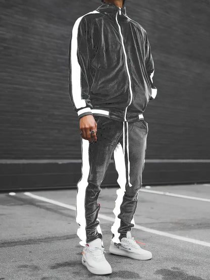 Men's Velvet Tracksuit 2-Piece Set with Zipper and Drawstring 3
