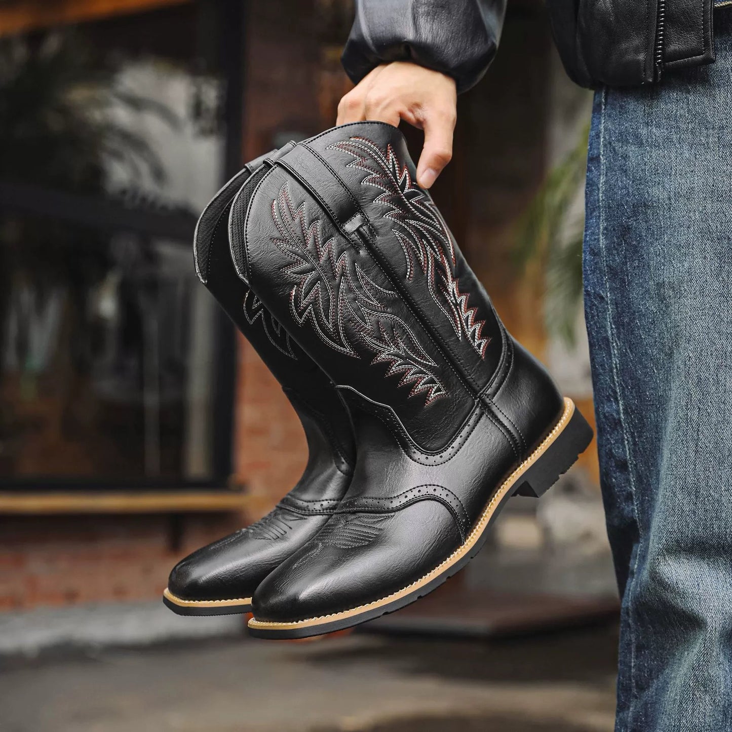 Rugged Men's Cowboy Boots with Embroidered Square Toe - Lusomart