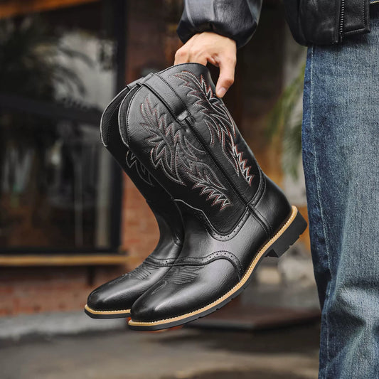 Rugged Men's Cowboy Boots with Embroidered Square Toe - Lusomart