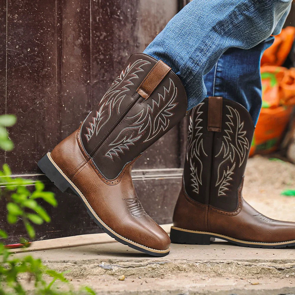Men’s Western Cowboy Boots Embroidered Mid-Calf Classic Square Toe 1