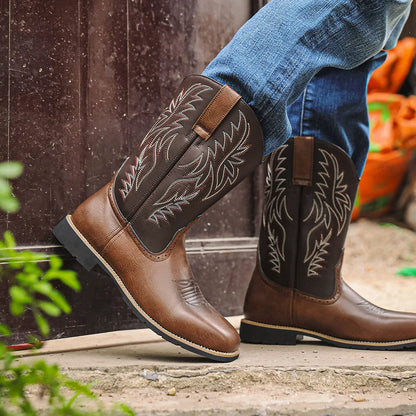 Men’s Western Cowboy Boots Embroidered Mid-Calf Classic Square Toe 1