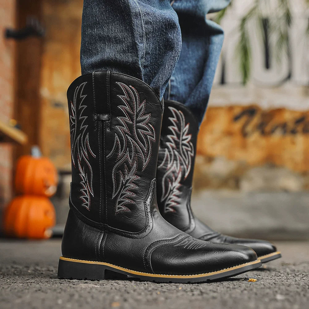 Men’s Western Cowboy Boots Embroidered Mid-Calf Classic Square Toe 2